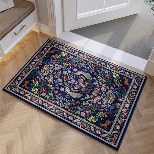 Rugcomf Door Mat 2x3 Small Area Rug Floral Washable Non Slip, Blue