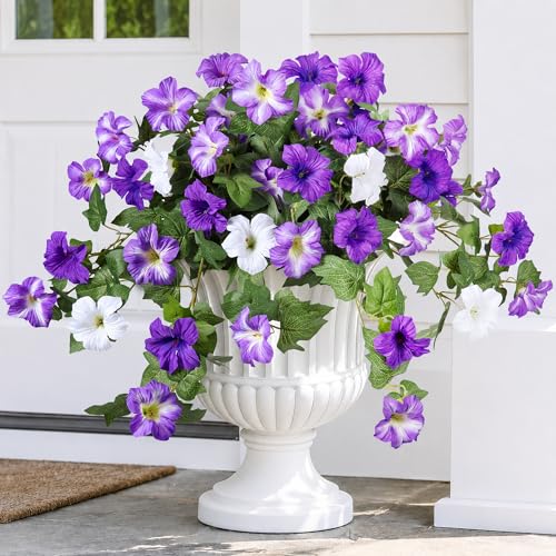 HyeFlora Artificial Flowers for Outdoors 2PCS Faux Petunias Silk Fake Flowers for Outside Planter UV Resistant Realistic Home Garden Porch Decor (Purple)