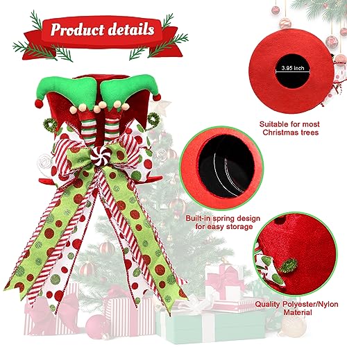 Christmas Tree Topper Hat with Bow, Velvet Top Hat Ornament with Elf Legs and Red & Green Wired Bows, Winter Holidays Xmas Decor for Home Decoration (Red)