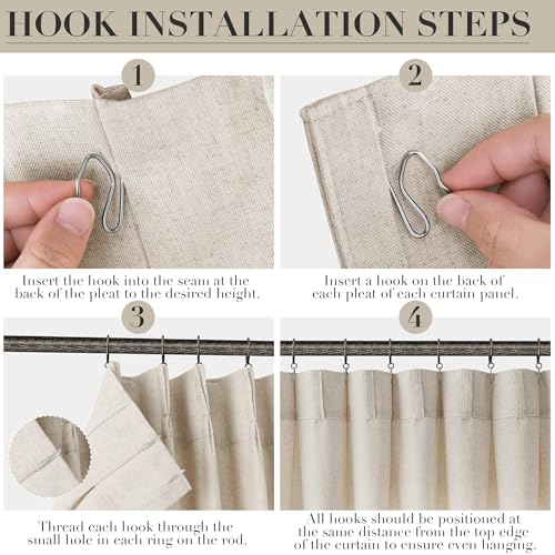Linen Pinch Pleated Curtains 84 Inch Length for Living Room 2 Panels Semi Sheer Curtain with Hooks Neutral Boho Farmhouse Light Filtering Privacy Window Drapes for Bedroom Natural Cream Beige 52x84