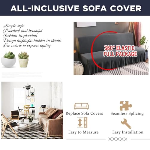 Stretch Futon Cover Slipcover Removable Armless Sofa Bed Slipcovers Full Size with Skirt Ruffled Knitted Futon Sofa Cover Furniture Bed Protector(Rice Yellow,Length 47.2"-55")
