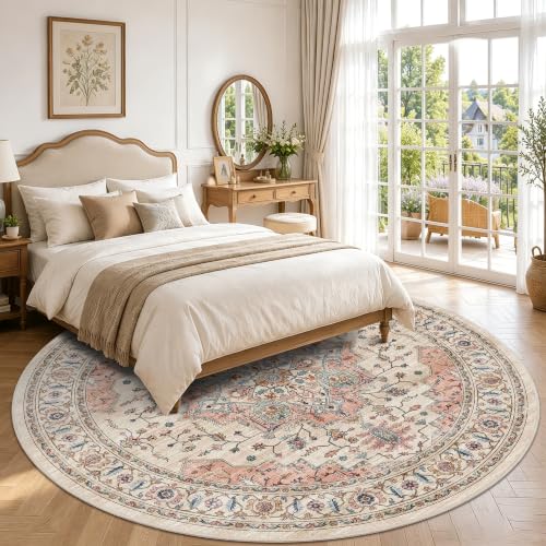 8ft Round Rug Low Pile Washable Vintage Circle Rug Indoor Carpet