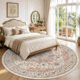 8ft Round Rug Low Pile Washable Vintage Circle Rug Indoor Carpet