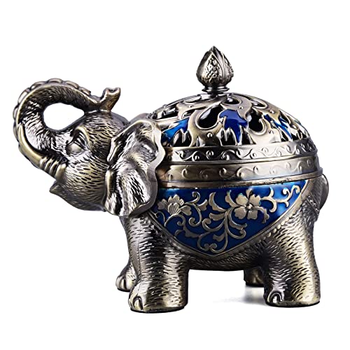 K COOL Metal Backflow Incense Holder Elephant Cone Incense Burner Candle Holder with Lid, Aromatherapy Ornament Home Office Decoration for Indoor Outdoor (Navy Blue)