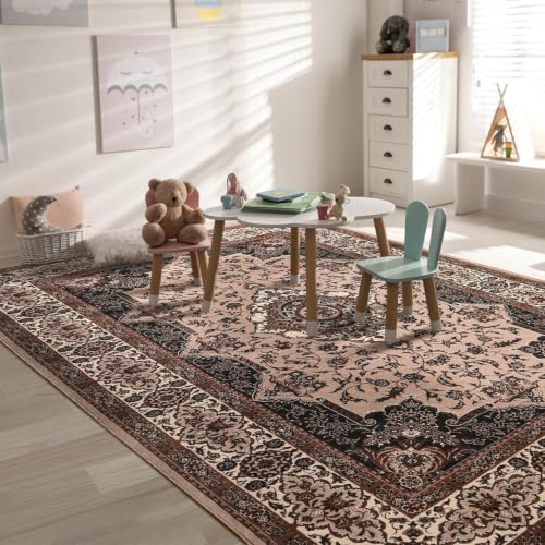 4x6 Area Rugs for Living Room, Washable Rug Vintage Floral, Brown