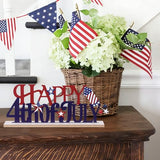 MEETYAMOR 4th of July Decorations, Metal Happy Fourth of July with Wooden Base, Patriotic Independence Day Decor for the Home, Tiered Tray, Shelf, Table, Mantel