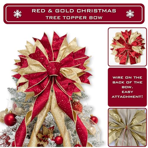 Hismir Christmas Tree Topper Bow, 53x13 Inches Large Christmas Bow with Glitter Streamer, Decorative Ribbon Bows for Xmas Tree Wreath Door Festival Home Decor(Red & Gold)