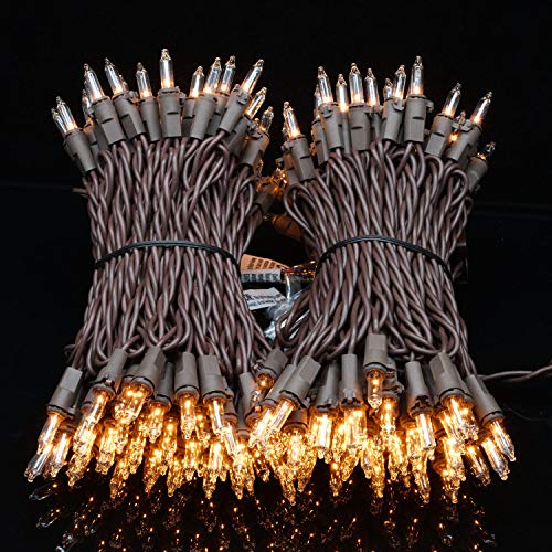 YULETIME 200 Clear Christmas String Lights, 2-Set 33 ft 100 ct Brown Wire | Incandescent Bulbs, End-to-End Connectable, UL Certified, 2-Strand, 200 Total Lights, 66' Total Length, 4" Spacing