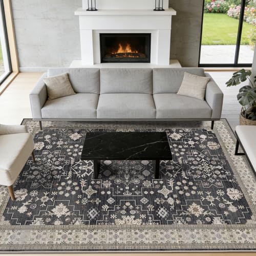 4x6 Area Rug for Bedroom Washable (Charcoal Blush Ivory)