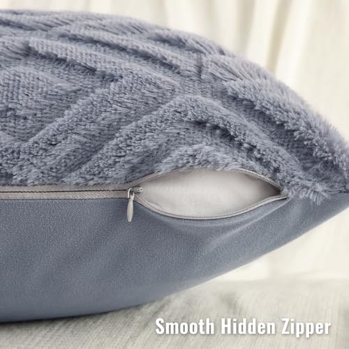 decorUhome Fall Faux Fur Blue Grey Throw Pillow Covers 12x20 Set of 2
