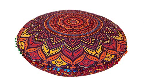 CRAFT KALA Large Hippie Floor Pillow Cover Mandala Meditation Cushion Case Pouf Cover Round Poufs Cover Bohemian Floor Cushion Cover Outdoor Fireplace Yoga Living Room Decor 32" New Orange Ombre