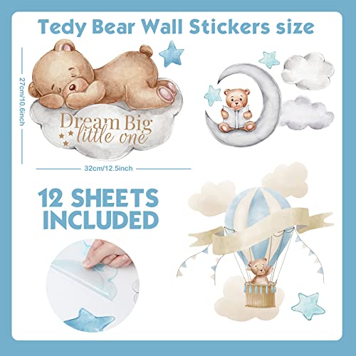 Yinder 12 Sheet 78 Pcs Bear Highland Cow Wall Decals Cute Highland Cow Sticker Nursery Baby Wall Decor for Kids Girls Boys Baby Room Bedroom(Blue Bear)