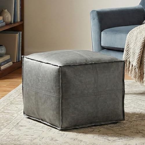 SIMPLIHOME Brody 18" Wide Square Pouf in Distressed Grey Vegan Leather
