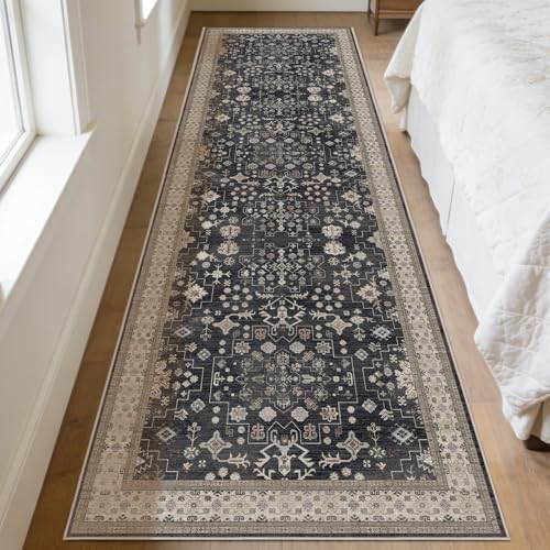 2'6 x 10' Runners Rug for Kitchen Washable (Charcoal Blush Ivory)