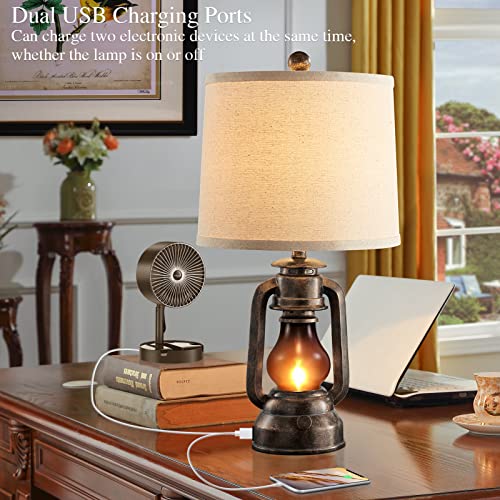 Farmhouse Lantern Table Lamps for Living Room Set of 2, Vintage Bedroom Resin Lamp with Dual USB Charging Ports, Rustic Retro Bedside Nightstand Desk Lamp, 4 Bulb Included