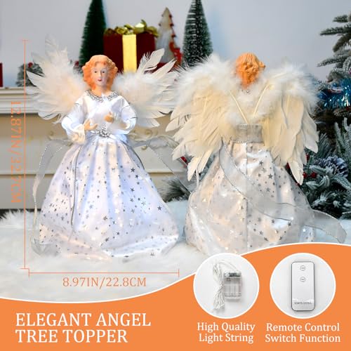 Christmas Angel Tree Topper Lighted - Angel Tree Top with Light and Remote Control Function Christmas Tree Decoration with Feather Wings for Indoor Home Party Holiday Xmas Tree Decoration, Silver