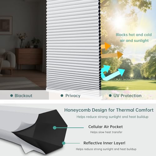 Changshade Blackout Top Down Bottom Up Cellular Shades, Cordless Honeycomb Blinds for Bedroom, Nursery & Bathroom, Total Privacy, 34" W*72" H,White