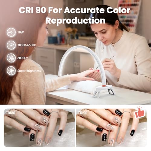 Arc Half Moon Light: 16" Half Moon Light with Foldable Bracket for Desk Salon Table Use - No Flicker & Shadow-Free Desk Lamp with Stepless Brightness 3000-6500K for Manicurist Nail Tech