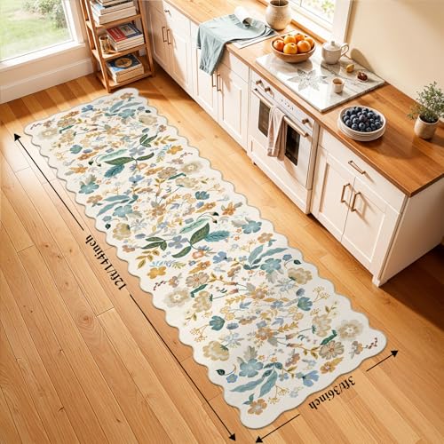 3x12 Washable Scalloped Floral Rug: Non Slip Long Hallway Runner Rug Cream