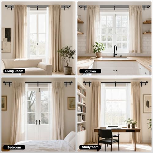 Double Curtain Rod 36-91 Inch, Black Dual Curtain Rods for Windows, 1 Inch Decorative Adjustable Heavy Duty Telescopic Spliced Window Treatment Rods Set for Bedroom Living Room Farmhouse