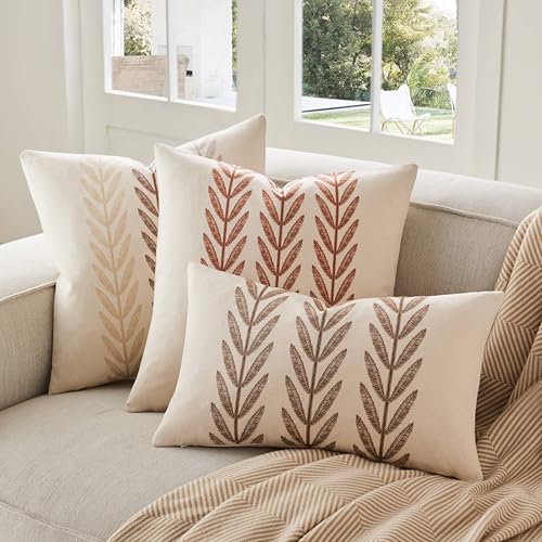 100% Cotton Farmhouse Leaves Throw Pillow Covers Set of 2, 18x18 Inch Mixed Beige Pastoral Decorative Print Cushion Covers for Sofa Bed Living Room Home Decor