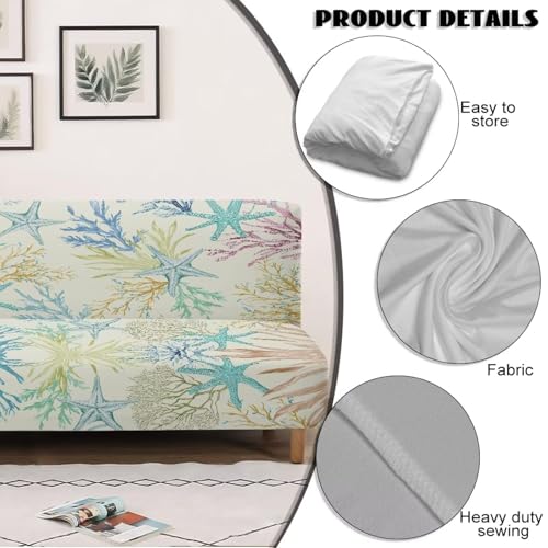 Starfish Armless Futon Cover Elastic Futon Couch Cover Replacement Removable Couch Slipcover Non-Slip Furniture Protector for Coastal Theme Living Room Hotel