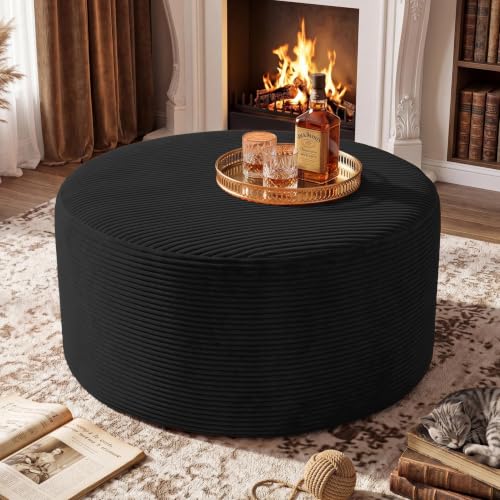 Round Coffee Table Ottoman for Corduroy Cloud Sectional Couches in a Box Memory Foam Compressed Pouf Footstool Rest for Living Room, Bedroom, Makeup Room No Assembly Require(Black, 27.6")
