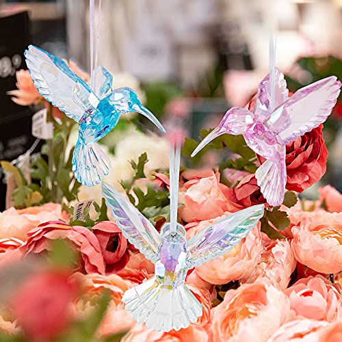 6 Pieces Hummingbird Ornaments Acrylic Hummingbird Figurines Large Crystal Pendants Shiny Iridescent Purple, Blue and Clear Bird Decoration