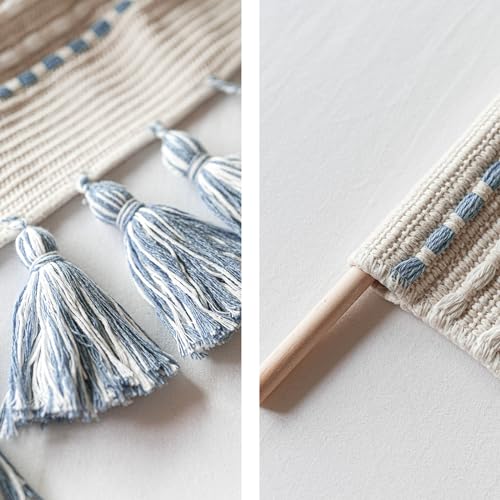 BlissBlush Long Vertical Wall Hanging Tapestry Coastal Blue Woven Boho Farmhouse Décor Tassel Handmade Wall Art Decoration for Bedroom Living Room Dorm Nursery Apartment, 16x39 INCH