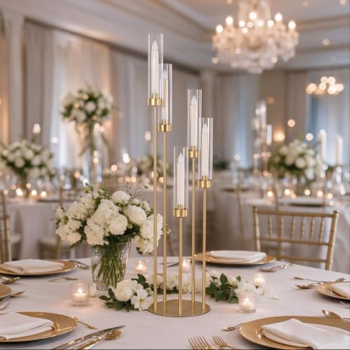 39.37'' 5 Arm Candelabra Candle Holder for Tables with Acrylic Lampshade