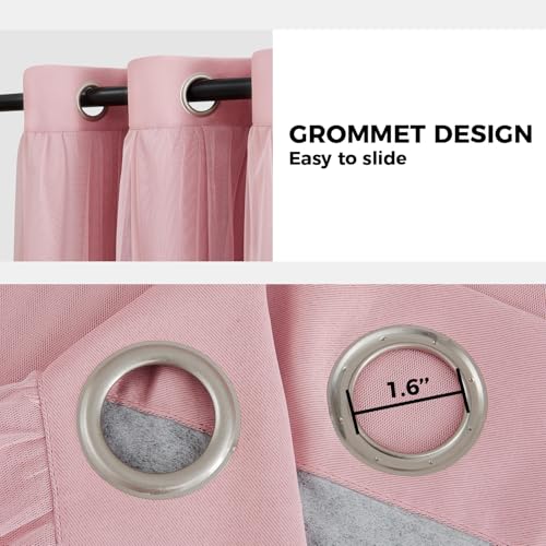 100% Blackout Curtains for Bedroom, Double Layer Pink Curtains, Black Out Curtain 84 inch Long with Sheer Overlay for Living Room, Room Darkening Window Drapes with Grommet, 52" W x 84" L