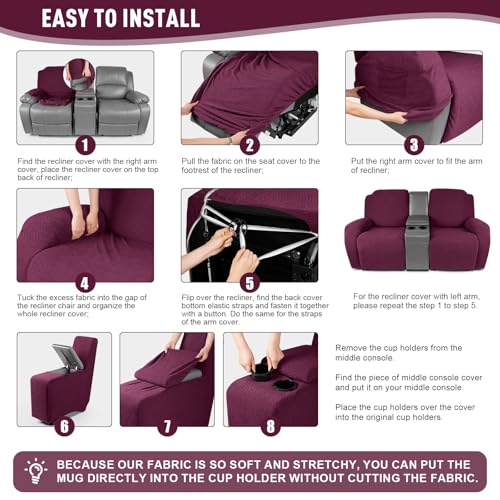 KinCam Loveseat Recliner Covers with Middle Console Slipcover, Recliner Sofa Covers 2 Seat Couch Cover Stripe Jacquard Furniture Protector Covers with Elastic Bottom for Kids, Pets (Burgundy)