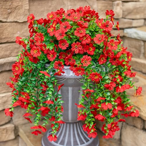 INSPRING Artificial Faux Outdoor Outside Flowers Plants, 2 PCS Fake Silk UV Resistant Look Real Red Daisy Trailing Vines for Front Door Porch Planter Urn Patio Balcony Decoration