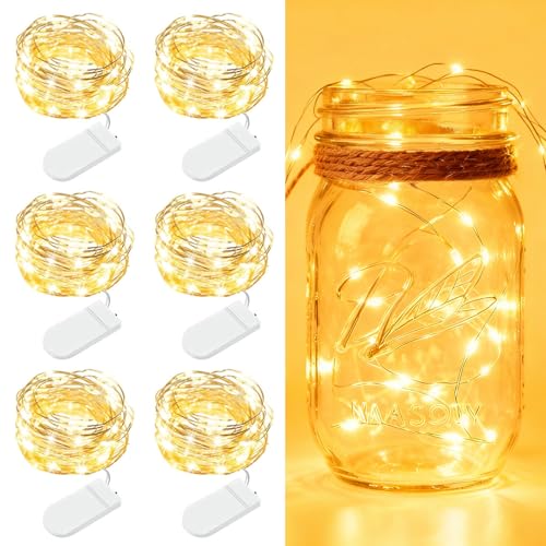 6 Pack Fairy Lights Battery Operated - 7ft 20 LED Twinkle Lights Copper Wire Mini String Lights Firefly Lights for Mason Jars DIY Crafts Christmas Wedding Party Centerpiece Table Decor, Warm White