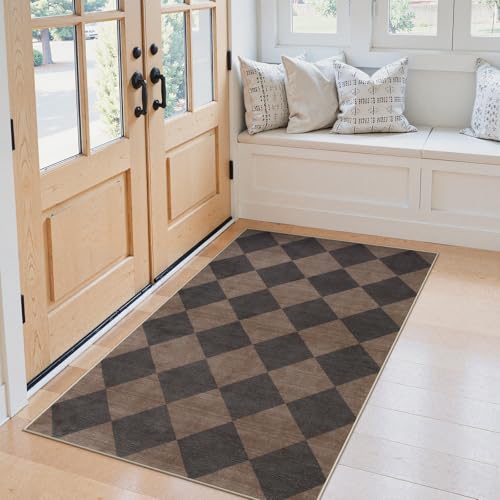 Checkered Print Entry Rug 3x5, Non Slip Washable Kitchen Rug 3x5 Stain Resistant Ultra Thin Bathroom Decor, Neutral Geometric Carpet for Bedroom Living Room Office (Brown/Black)