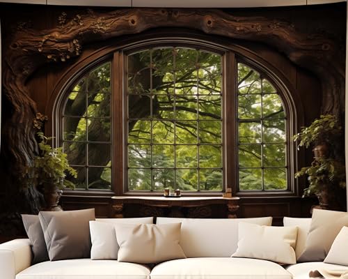 QGHOT Forest Window Tapestry, Nature Outdoor Tapestry Wall Hanging Woodland Scene Large Wall Mural for Bedroom Living Room Office Decor 78.7" L x 104" W