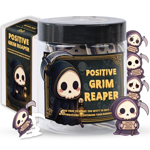 Positive Grim Reaper Jar - Emotional Support Grim Reaper- 60 Dark Humor Cards Spooky Gifts for Women Men Cowor