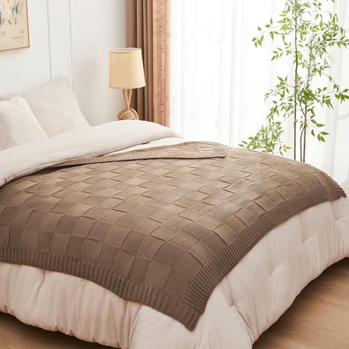CozeCube Check Knit Throw Blanket, Light Brown Checkered Throw for Couch, Decorative Christmas Soft Cozy Warm Knitted Blanket for Bed Sofa Living Room, 50"X60"