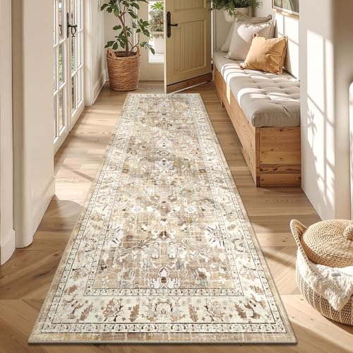 LOKHOM 3x8 Washable Hallway Runner Rug, Boho Non-Slip Kitchen Rugs, Beige