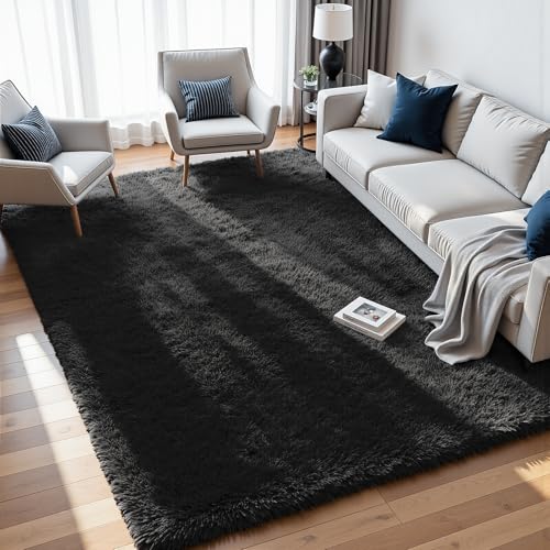 6x9 Fluffy Shag Area Rugs for Living Room Bedroom: Soft Plush Carpet Black