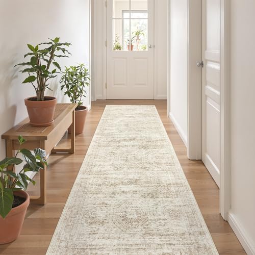 Rug Runners for Hallways Non Slip - 2x8 Runner Rug for Bedroom, Washable Runner with Rubber Backing, Soft Low-Pile Carpet for Kitchen, Laundry, Bathroom (2'x8', Beige/Ivory)