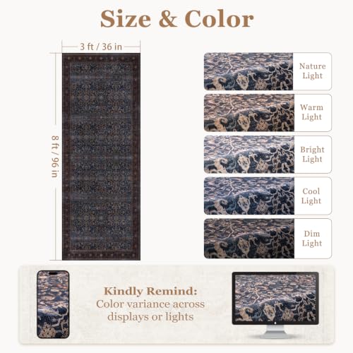 Washable Hallway Runner Rug 3'x8', Vintage Old Money, Dark Blue