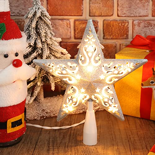 BrizLabs Lighted Christmas Star Tree Topper, 8” Silver Star Xmas Treetop with 10 Lights, UL Certified Plug-in Warm White Tree Topper for Holiday Christmas Tree Decor
