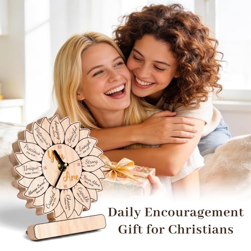 Christian Birthday Gifts for Women, Sunflower Clock Gifts for Women, Inspirational Spiritual Faith Gifts for Mom Wife Sisters Best Friends Coworker, Sunflower Wooden Clock Decor for Christian