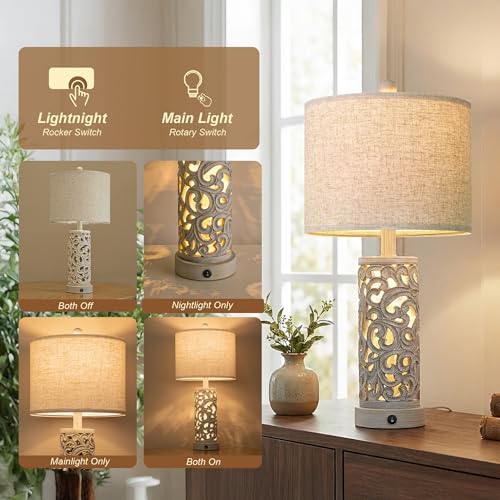 Bedside Table Lamps Set of 2 with USB & Night Light, 22'' Farmhouse Bedroom Lamps for Nightstand, Vintage Table Lamps for Bedroom Living Room Home Offce (Bulb Included)