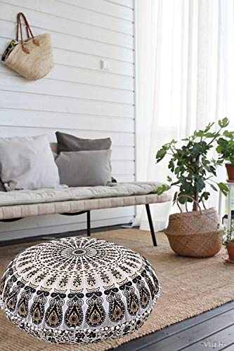 Mandala Floor Pillow Cushion Seating Throw Cover Hippie Decorative Bohemian Ottoman Poufs, Pom Pom Pillow Cases,Boho Indian (32 Inches, Gold Black)