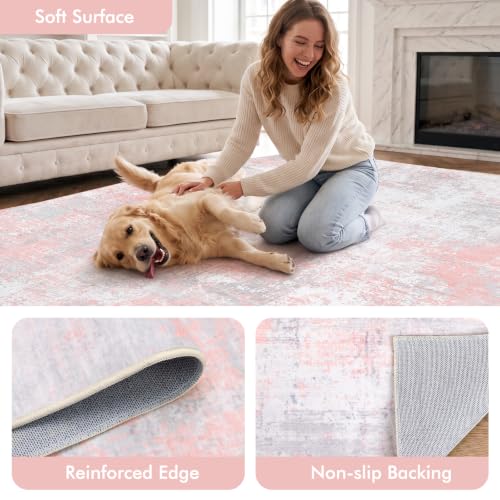 Fixwal Washable 9x12 Area Rug for Living Room, Non-Slip, Gray/Pink