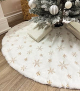 AOGU 60 Inch Sequin Faux Fur Christmas Tree Skirt Decoration for Merry Christmas Party White Plush Gold Sequin Snowflake Xmas Christmas Tree Skirt Decorations