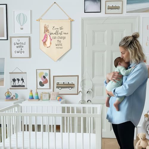 Even The Smallest One Can Change The World-Easter Peter Rabbit Canvas Hanging Pennant Flag Wall Sign Decor Gifts for Baby Kids Girls Nursery,Kids Room Playroom Decor