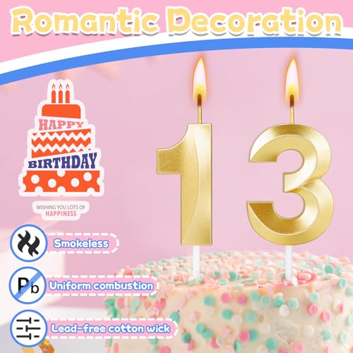 13 Birthday Candle,13th Birthday Decorations for Girls Boys,Gold Numbers Candles for Teen Girls,Thirteen Candles Cake Topper Party Favors